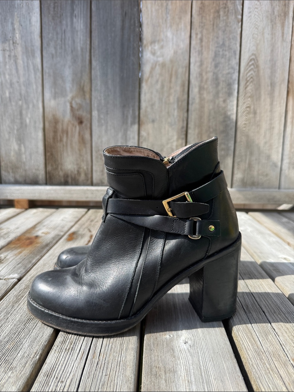 Topshop Black Leather Heeled Ankle Boots with Wrap Strap